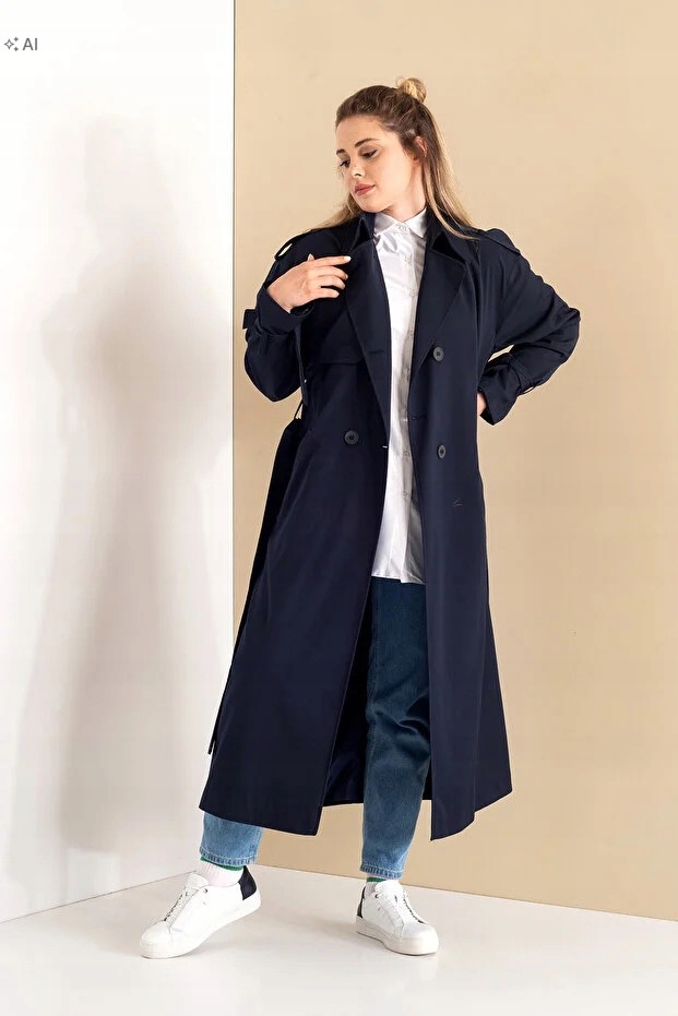 Dlouhý Modrý Oversize Kabát S Knoflíky A Límcem, Velikost L/XL 5IA