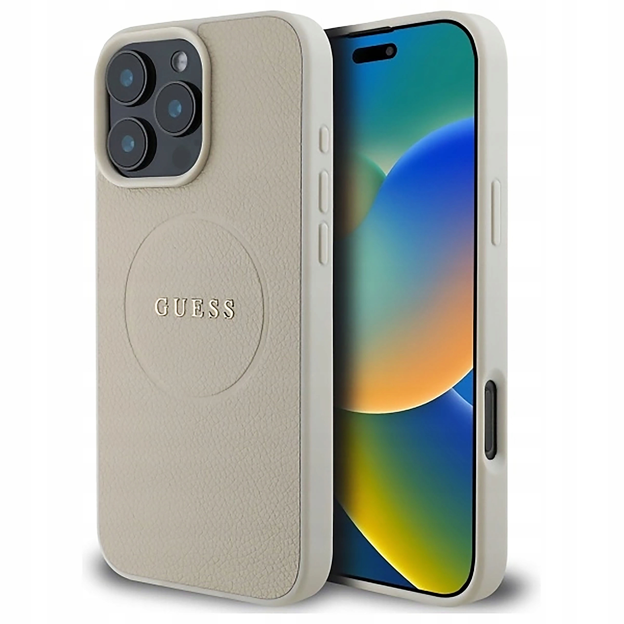 Etui Guess Grained Gold Ring MagSafe do iPhone 16 Pro Max beżowe