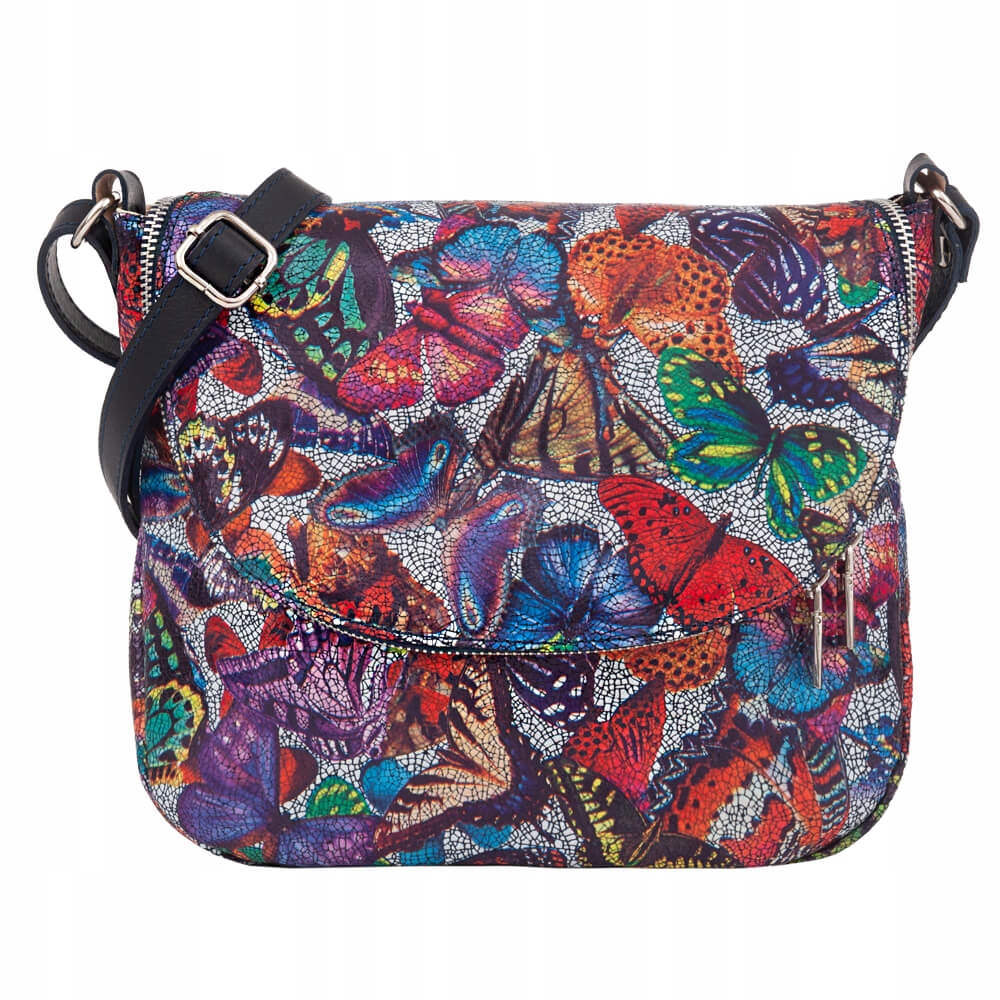 KOLOROWA TOREBKA MOTYLE LISTONOSZKA Z KLAPĄ SKÓRA NATURALNA VERA PELLE