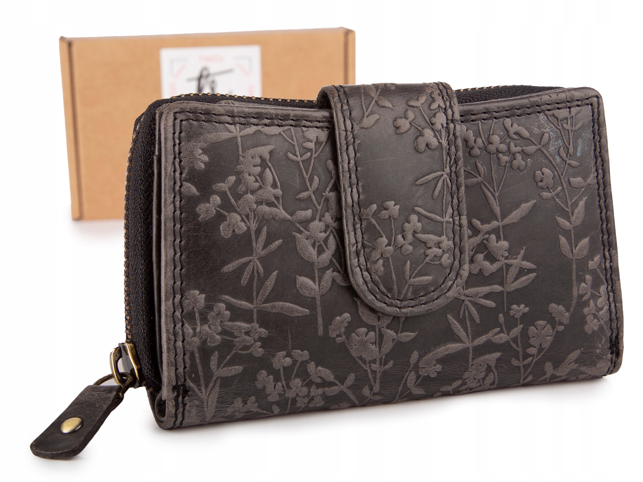 Dámská peněženka ručně šitá z přírodní kůže lisovaná s květinami Rfid