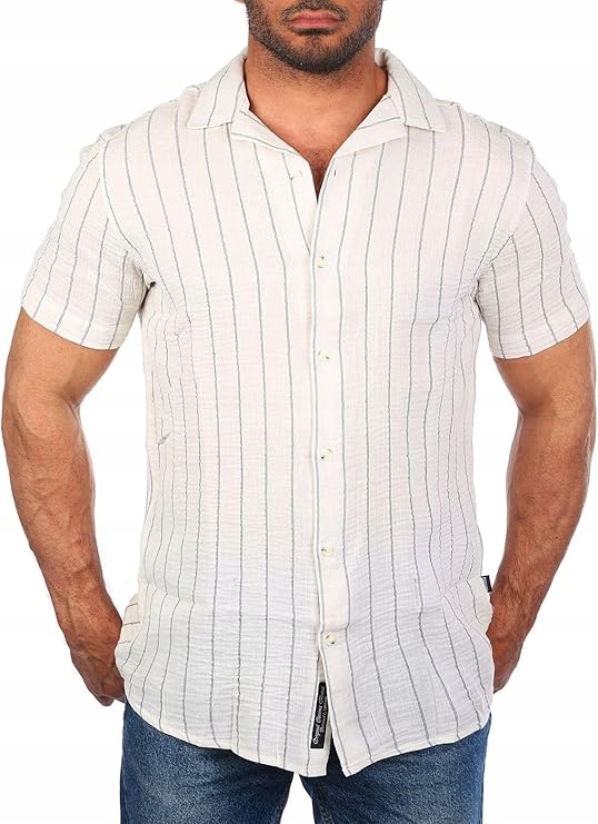 Pánská mušelínová letní plážová košile s krátkým rukávem, pruhy, Bavlna S