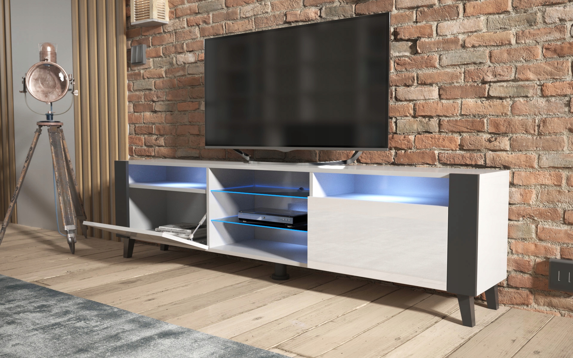 Komoda półka Szafka RTV 200cm biały + połysk + LED Marka Fargo