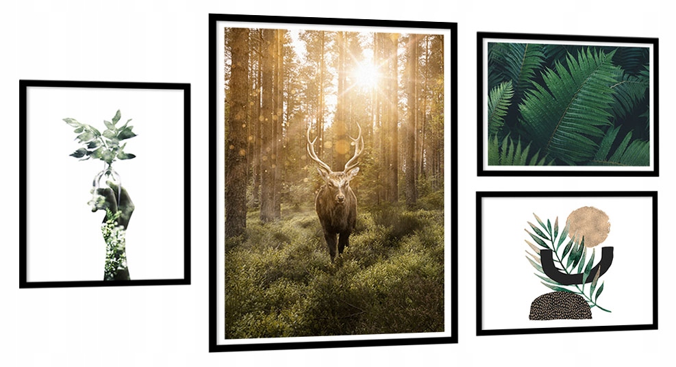 Zestaw Komplet 4szt Obrazy Duże w ramie Jeleń Las natura liście sztuka