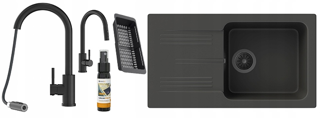 Dřez Černé Ada Granitové Jednokomorové Baterie Loseto Sifon Košík