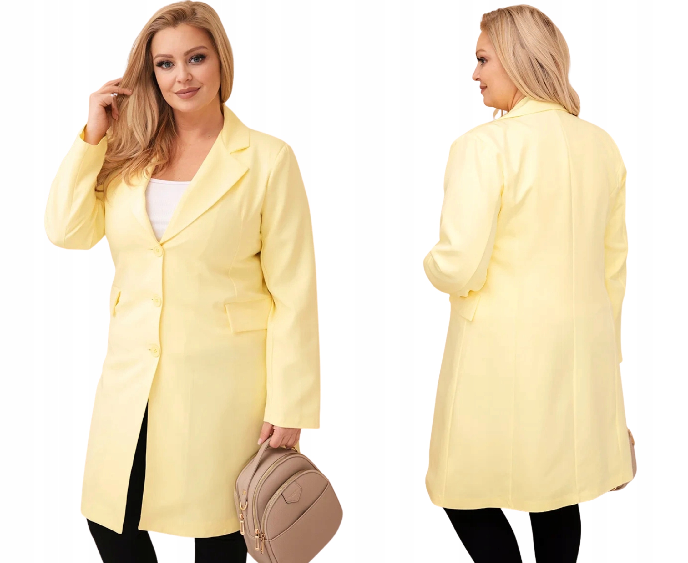 Żółty płaszcz damski z kołnierzem i guzikami
