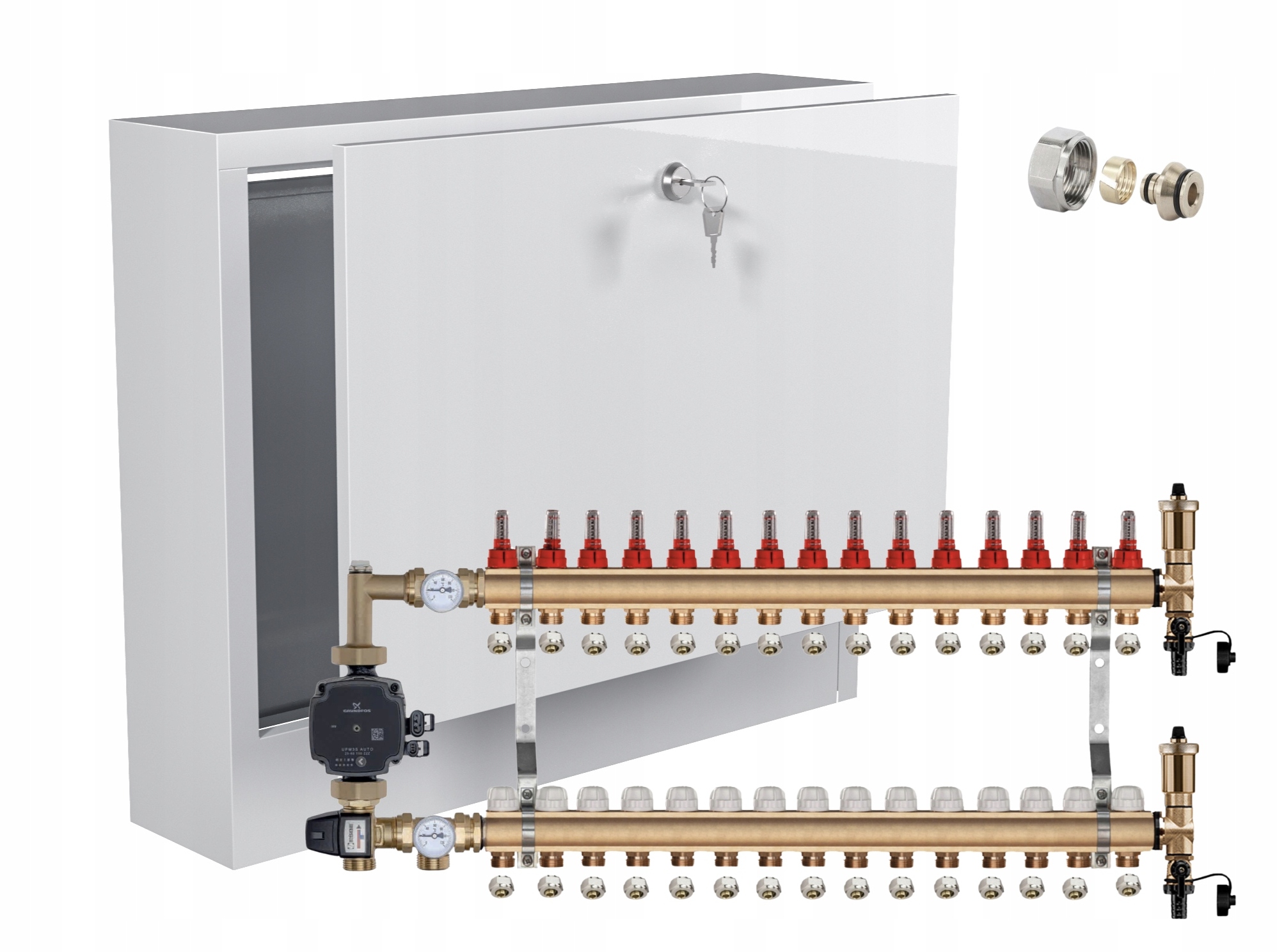 Rozdělovač pro podlahovku 15 s Grundfos Pex Nástěnná Skříňka