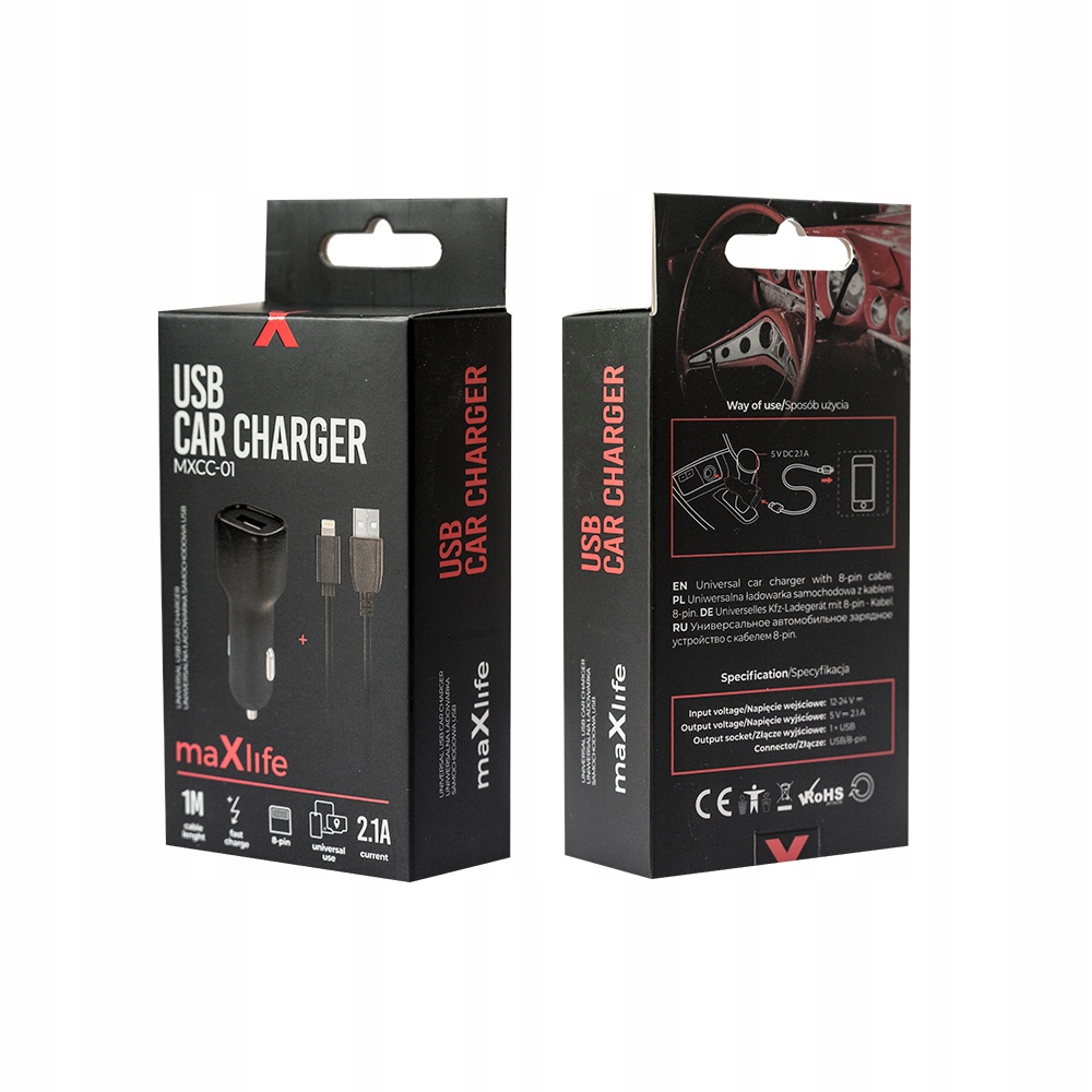 

Ładowarka samochodowa Maxlife Usb Fast+ kabel Ligh