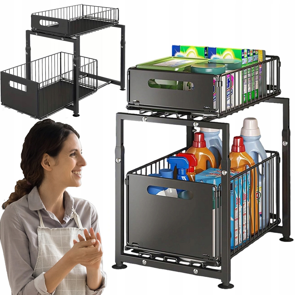 Organizér Pod Dřez 2-ÚROVŇOVÝ Výsuvný Černý Kuchyňský Regál Police Kov