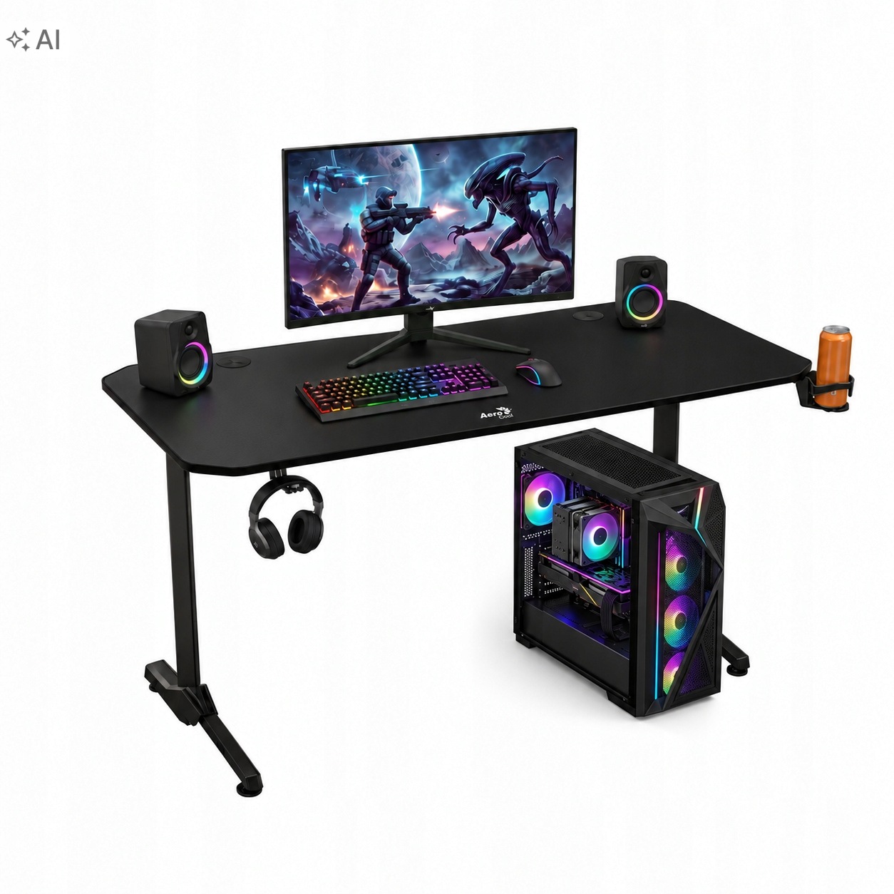 Biurko gamingowe AeroCool ACD2 V2 140x60cm Uchwyt na kubek słuchawki Czarne