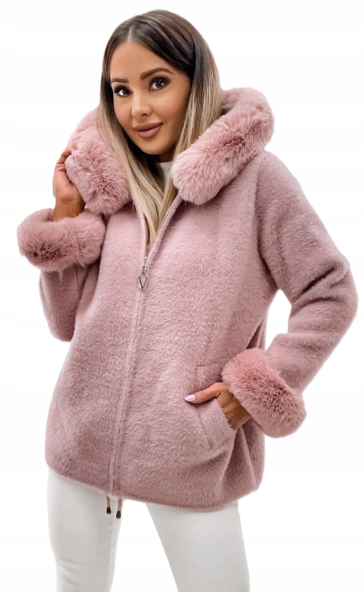 0008 Dámský kabát Alpaky s kapucí a kožešinovým zakončením, růžový