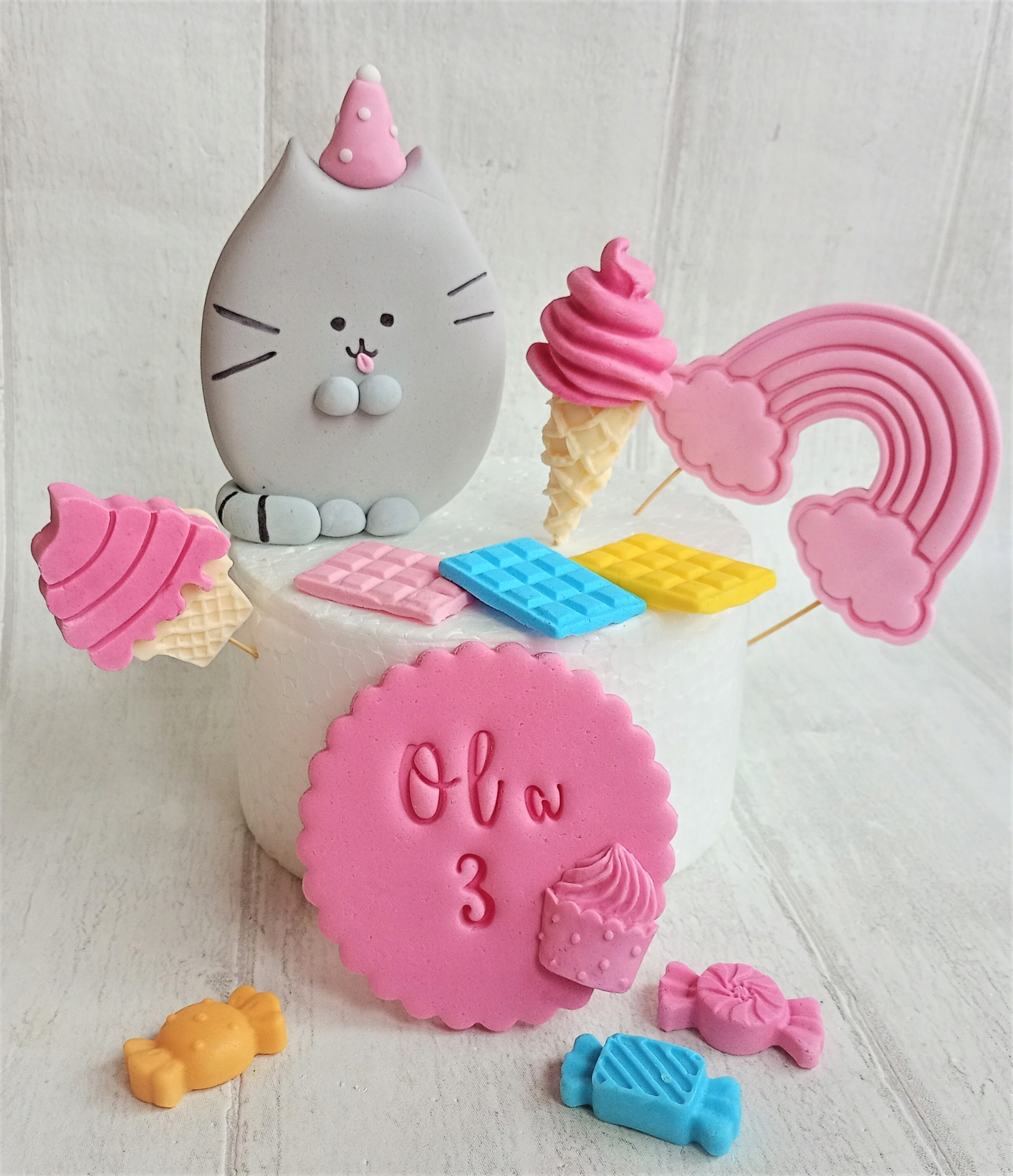 Kot Pusheen tęcza etykieta słodkości Figurki z masy cukrowej na tort