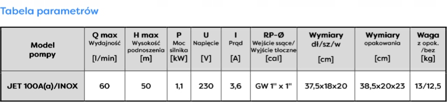 OMNIGENA POMPA HYDROFOR JET 100A(A) 230V ZESTAW HYDROFOROWY 1100W STEROWNIK Moc silnika 1100 W