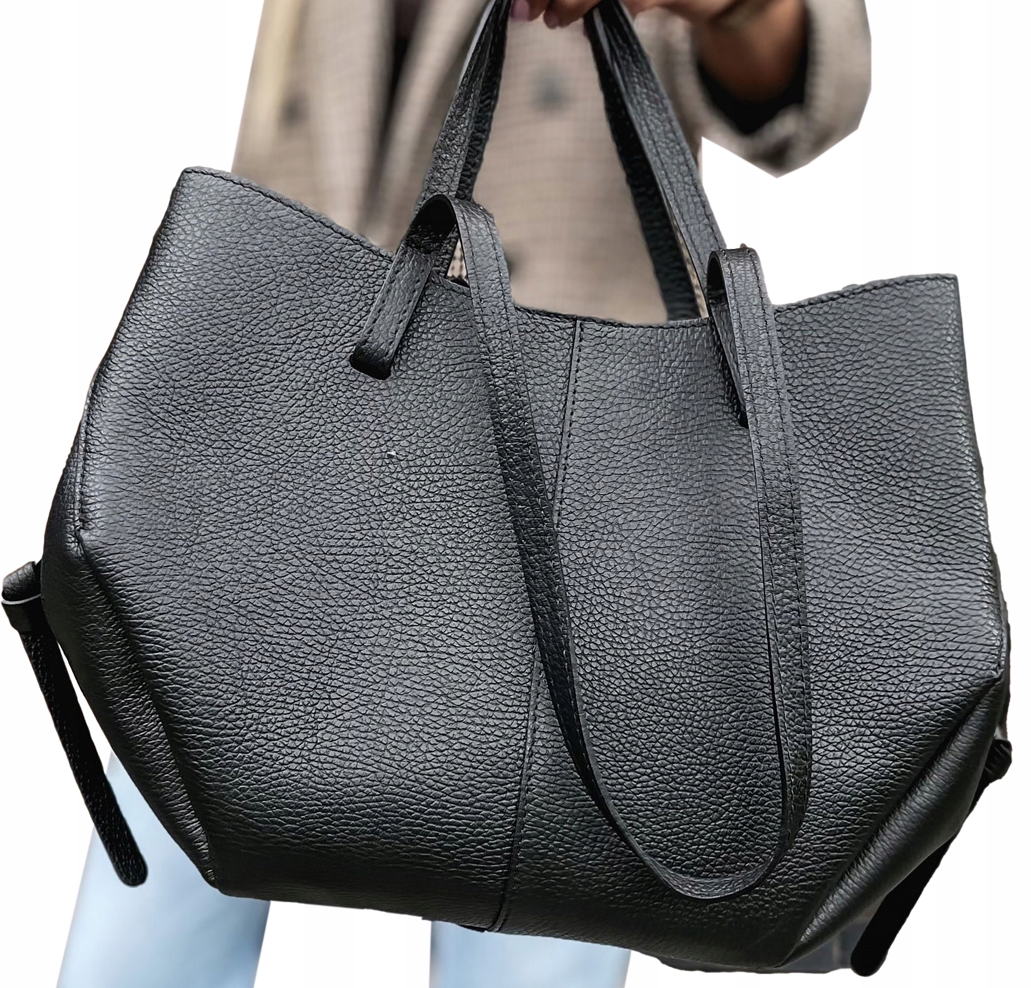 Černá kožená Dámská Kabelka Shopper přes rameno prostorná pouzdro