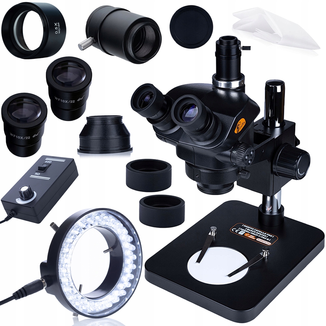 Mikroskop Capella Pro Trinokularový 7-45X Čočka 0,5X Led Osvětlovač 56X