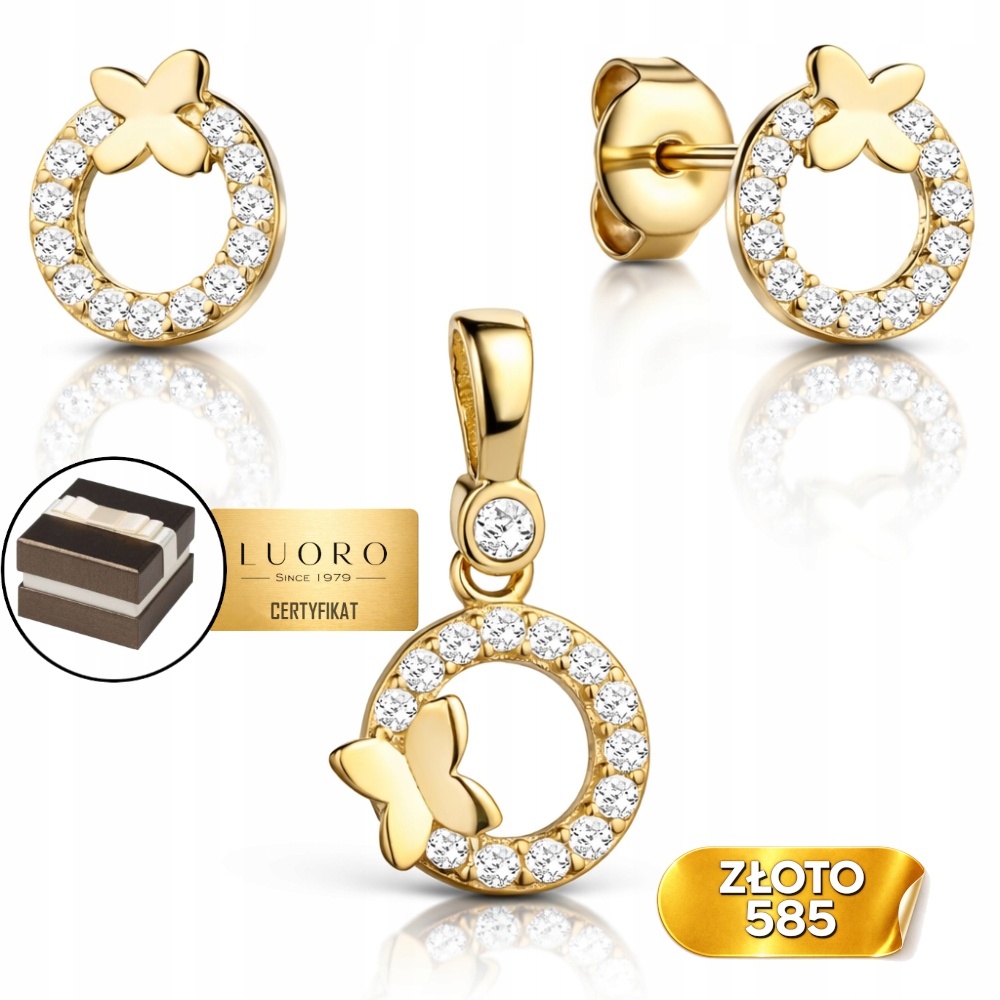 Náušnice Zlaté 585 14K Motýlek V Kruhu Se Zirkony Přívěsek 1,4 CM