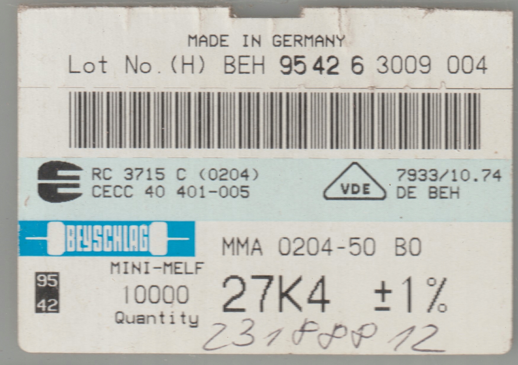 [100szt] 27K4 1% 50ppm rezystor Smd minimelf MMA0204 Beyschlag low noise