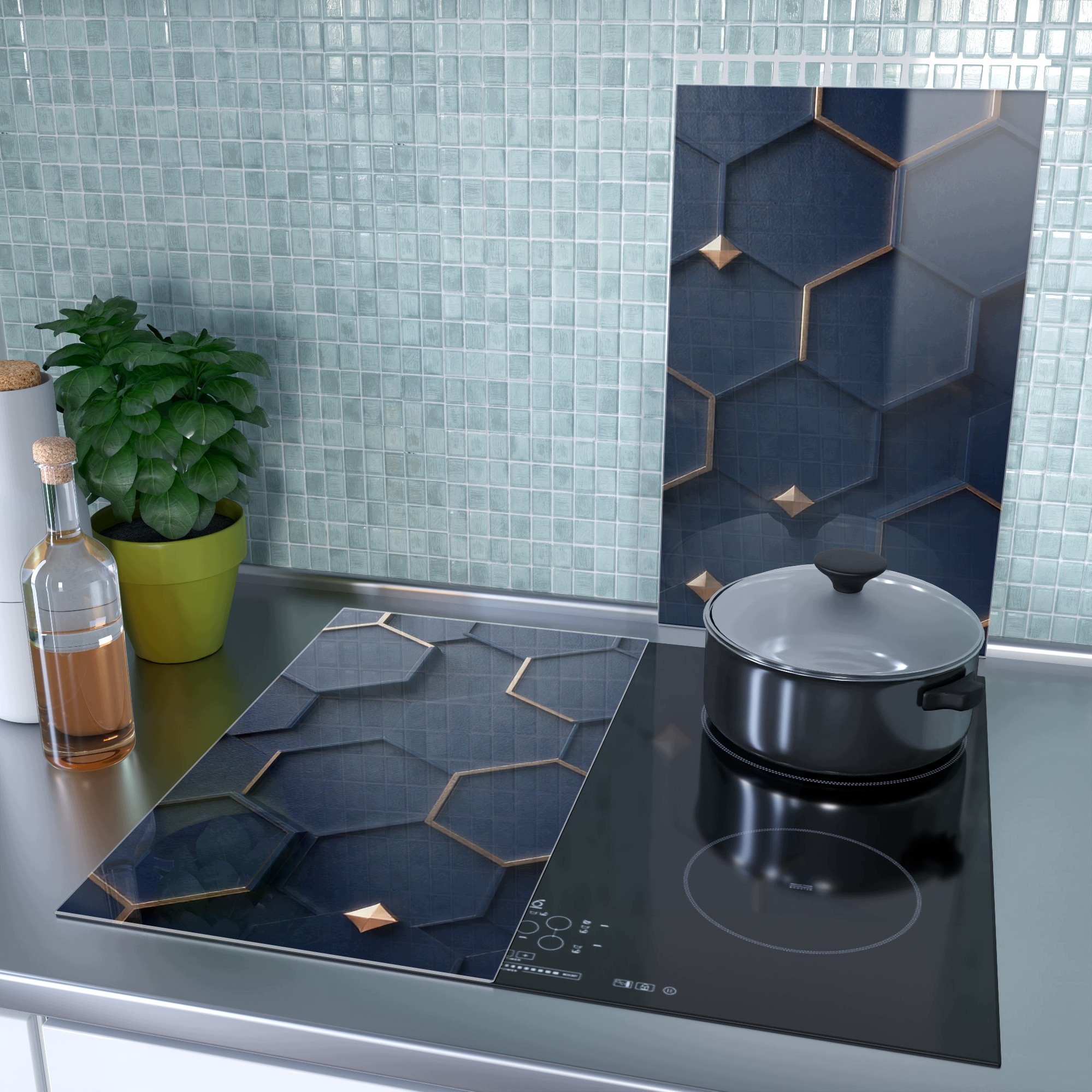 Skleněná ochranná deska na stěnu Tmavě modré hexagony 2x30x52 cm (sada 2 ks)