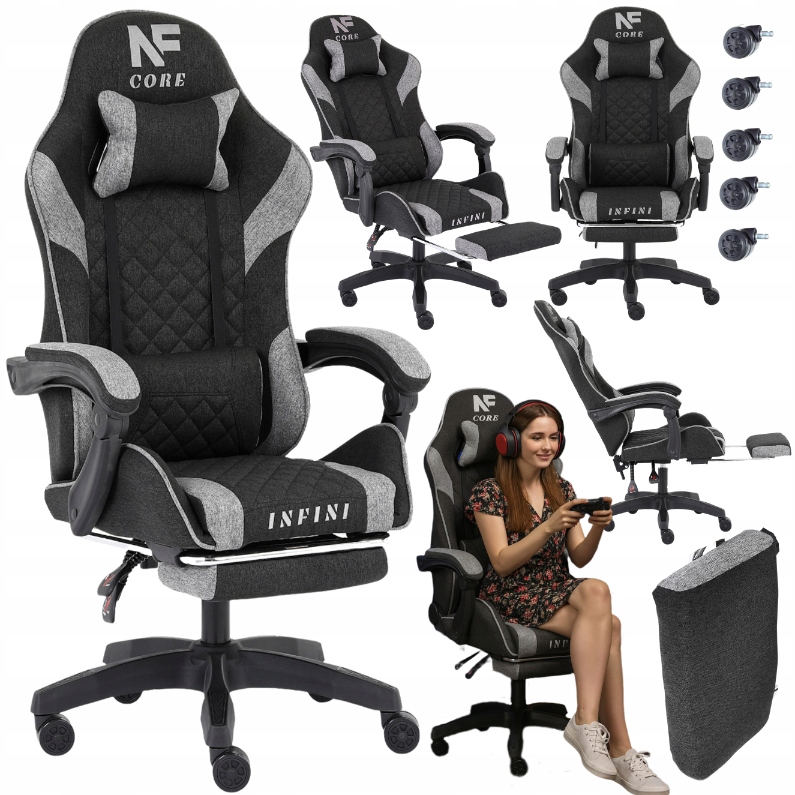 Fotel Gamingowy Materiałowy Regulowany Infini Core Czarny Krzesło Do Biurka