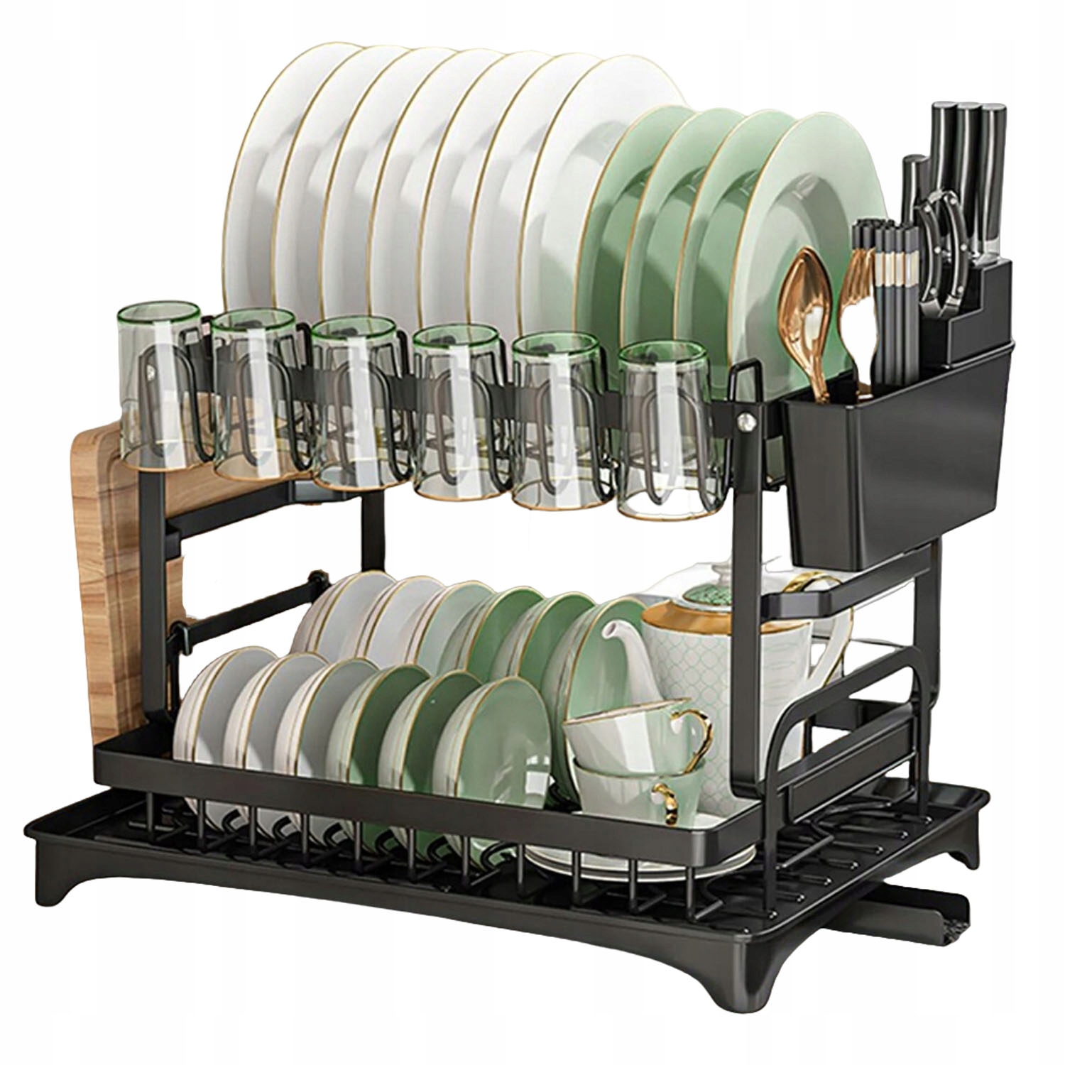 Levně Dvouúrovňová sušička na nádobí odkapávač na talíře Kuchyňské příbory černá