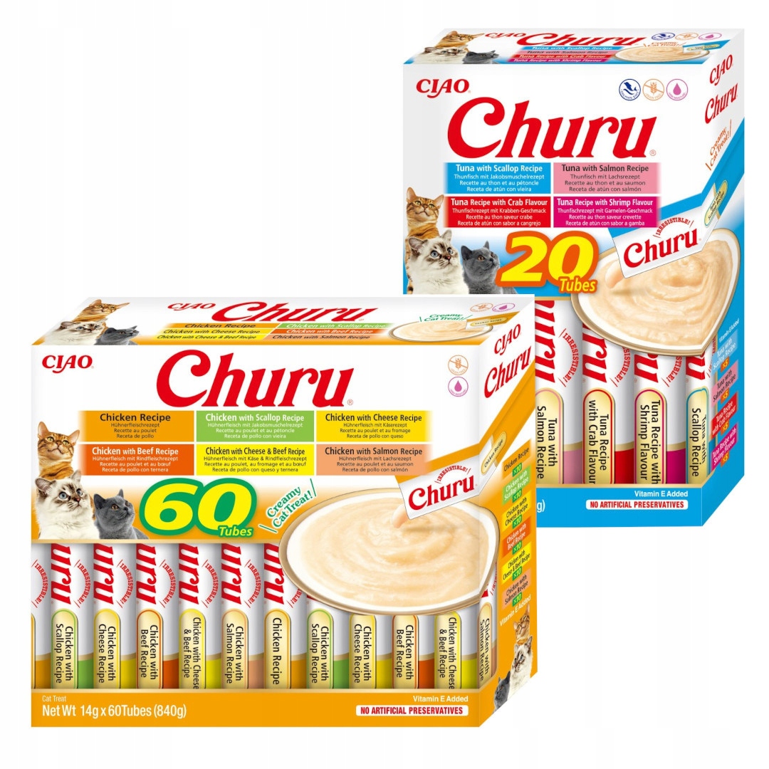 Levně Inaba Cat Churu 80x14g Směs Pamlsek Pro Kočky s kuřecím masem, tuňákem a mořskými plody