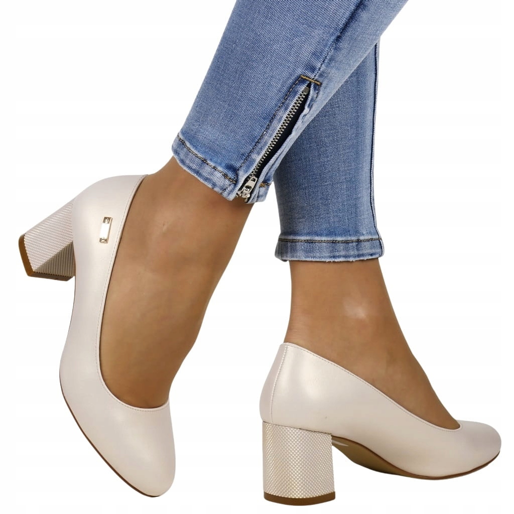 DAMSKIE CZÓŁENKA BUTY NA SŁUPKU BEŻOWE PERŁOWE OZDOBNY OBCAS Rozmiar 38