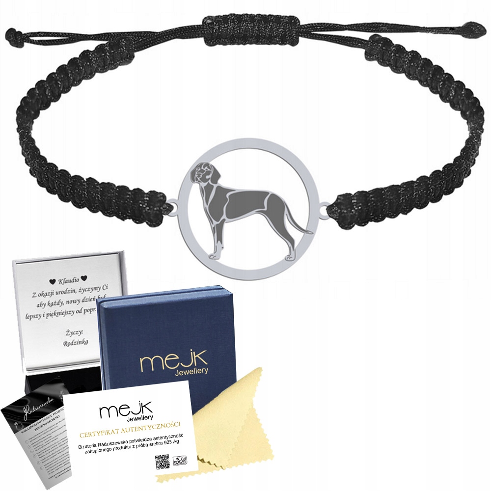Stříbrný náramek s polským loveckým psem 925 Makramé Dárek Gravírování Bonus