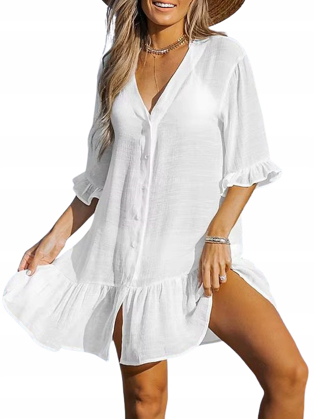 Sukienka damska koszulowa oversize przewiewna luźna z falbanką dekolt v