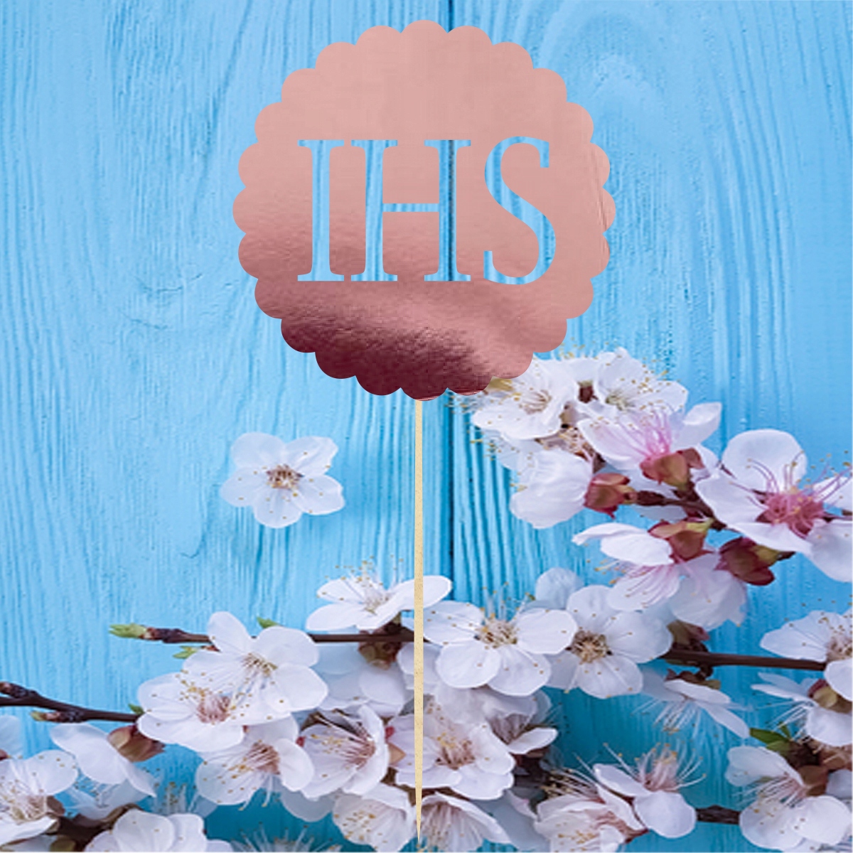Topper Hostia IHS różowe złoto, dekoracja na tort na Komunię Świętą pik Okazje komunia