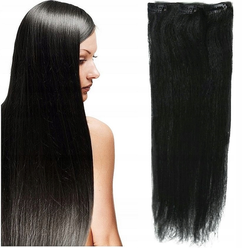 Clip-in Příčesek Do Vlasů 100% Přírodní 40 CM Páska 3 Sponky černá 1