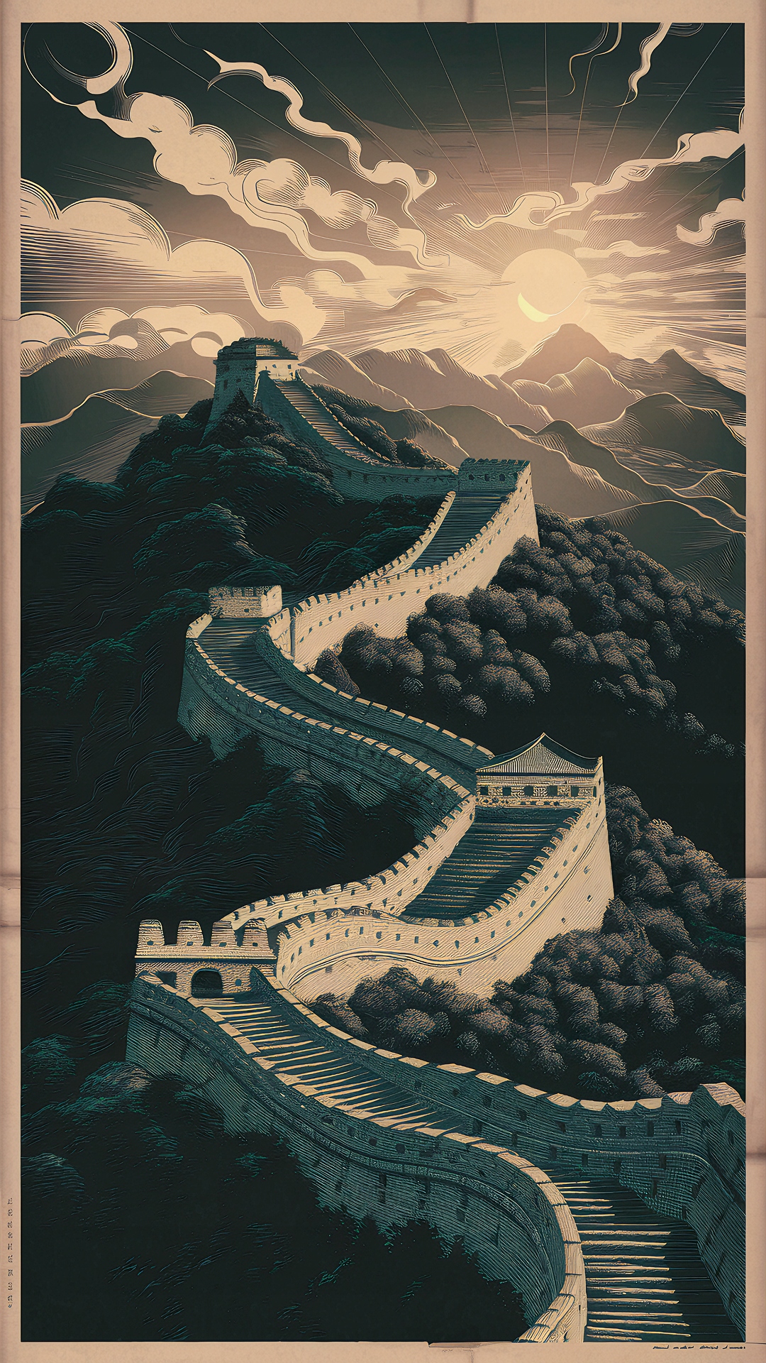 Diamantová výšivka Čínská zeď Krajina Příroda Diamanty Čtvercové 40x80 cm