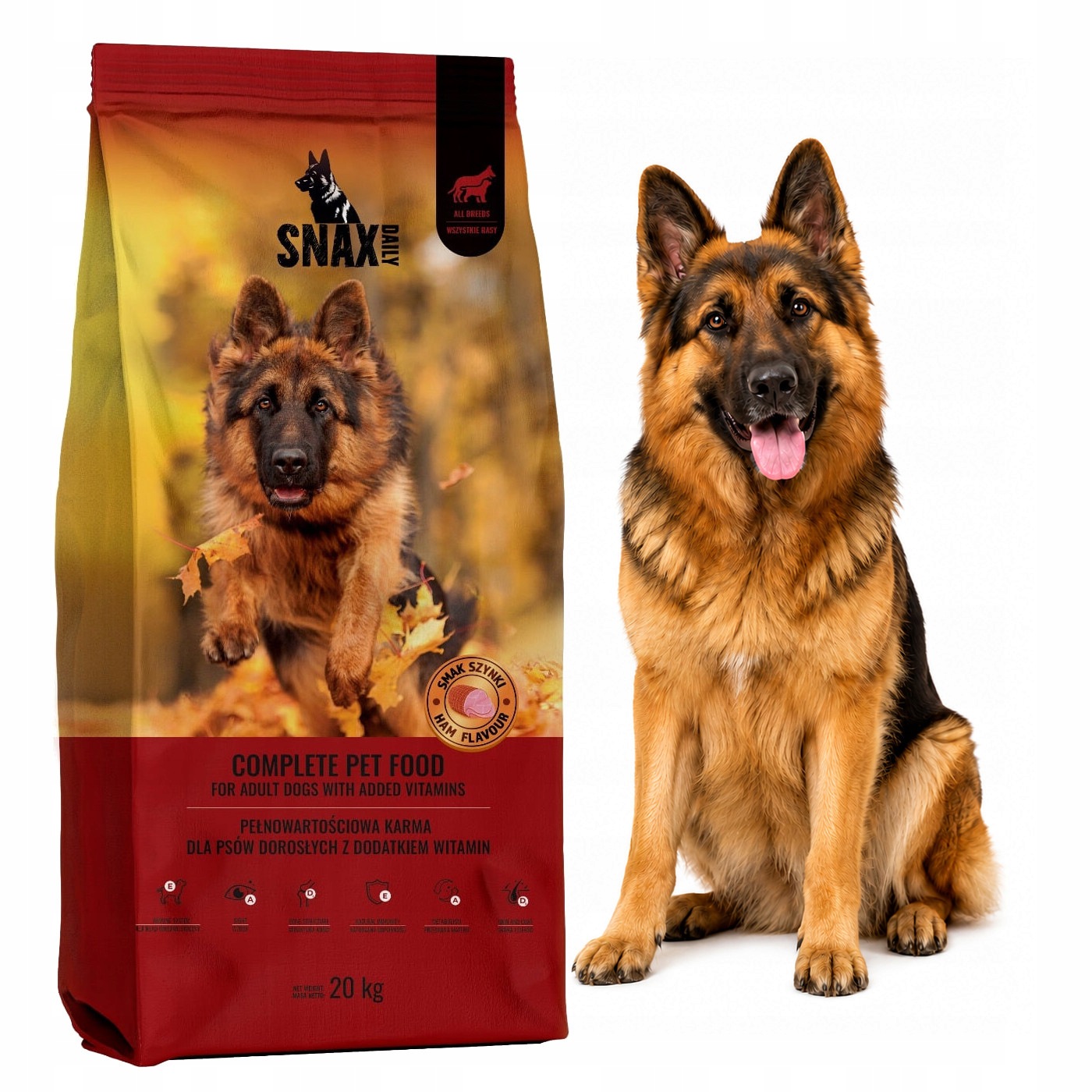 Krmivo krmivo pro psy Snax Daily Adult s příchutí šunky 20 kg