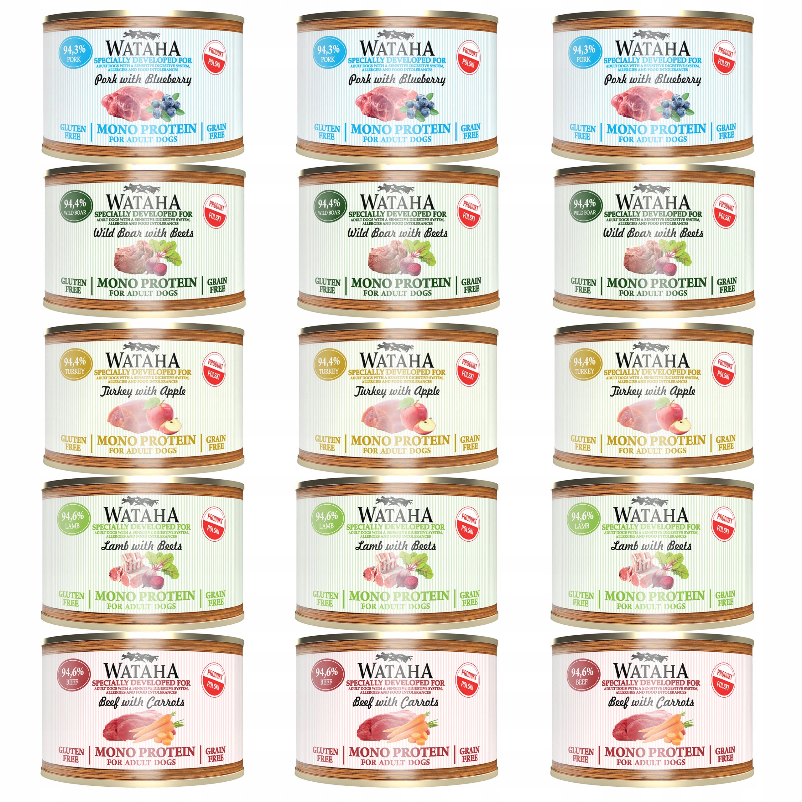 Wataha Mono Protein Adult karma mokra dla psa mix smaków 15 x 185g