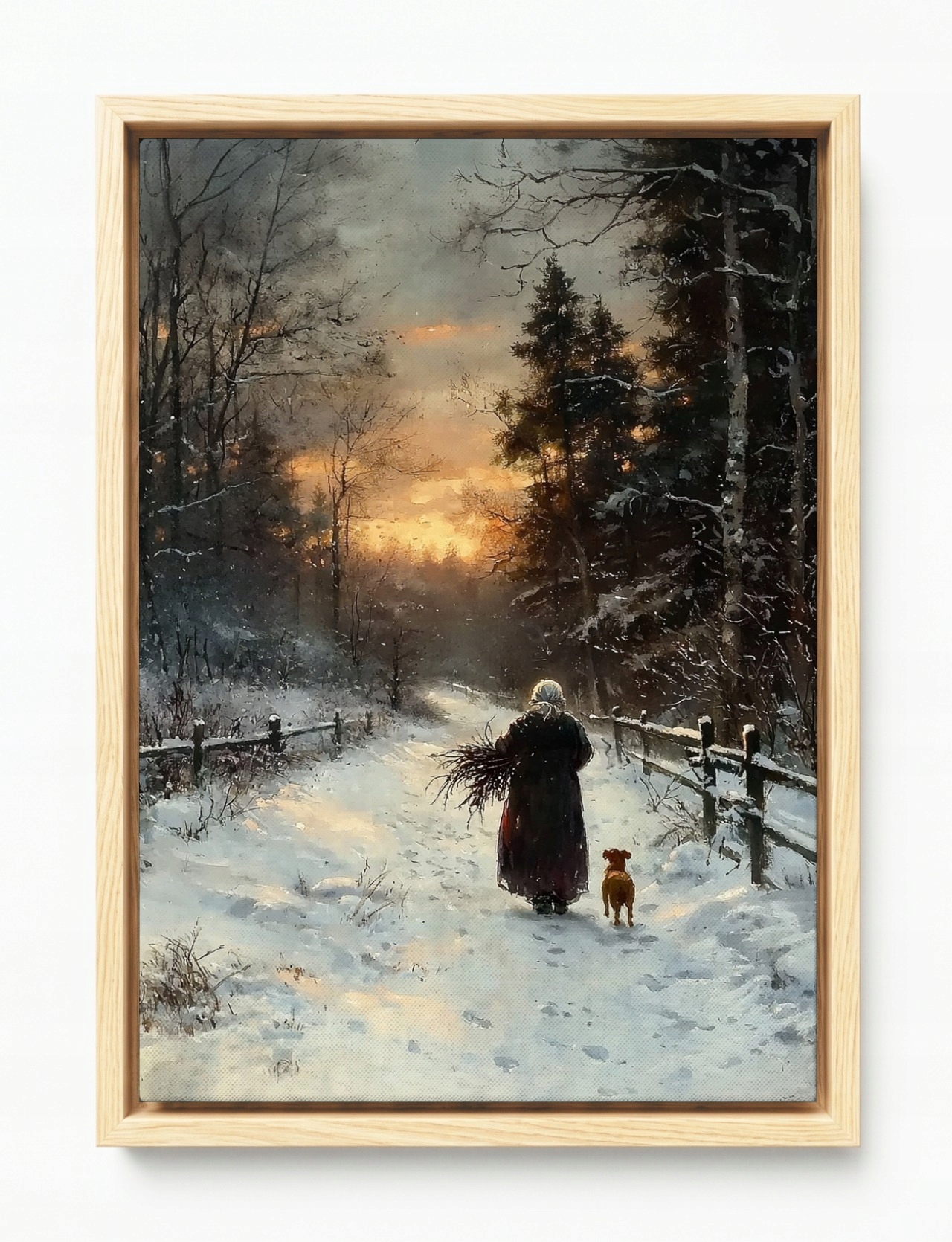 Obraz Rám Americký Box Krajina Les Stezka Zima Sníh Žena Pejsek 80x120