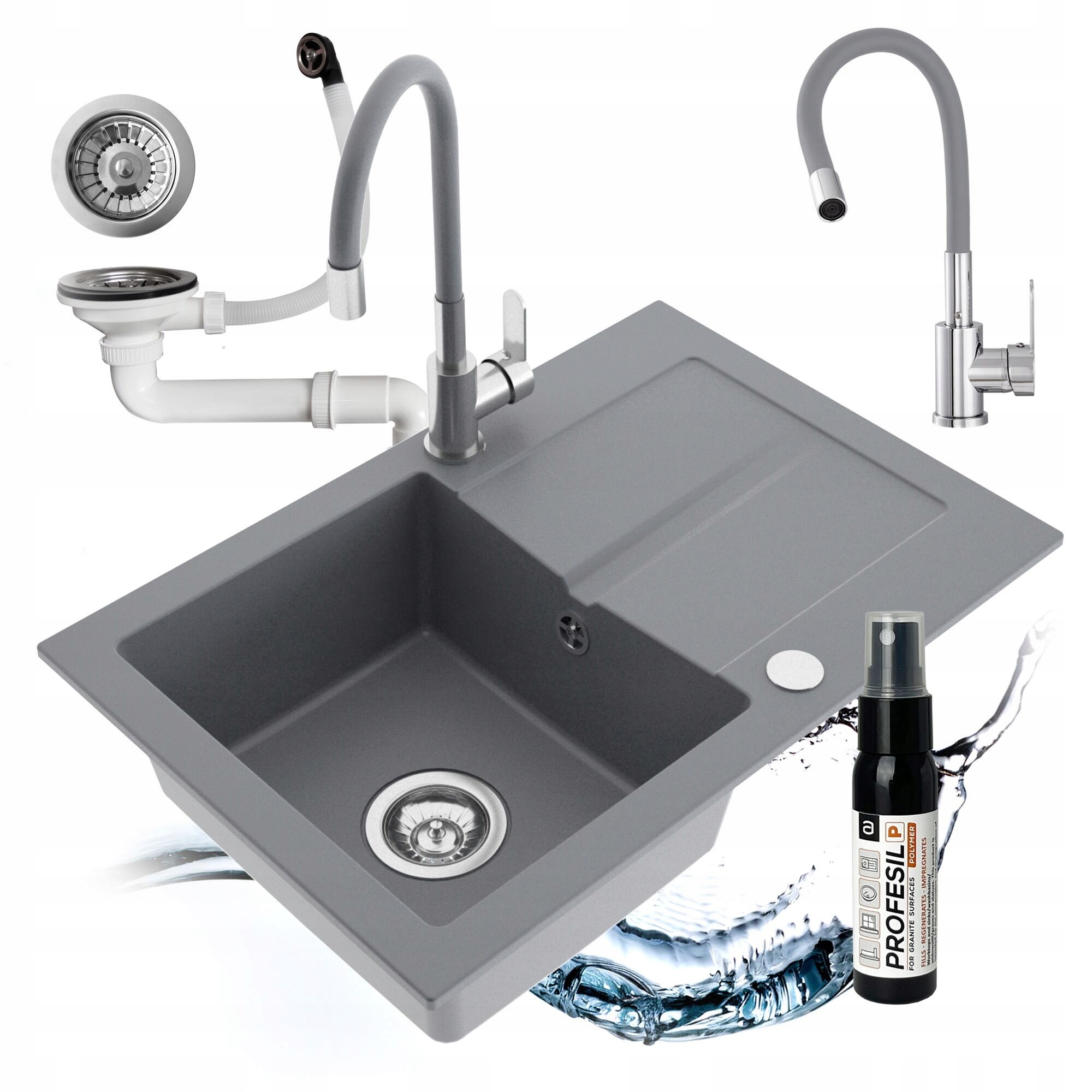 Granitový Drez Jednokomorový First Sada Sifón Batéria Flexibilná