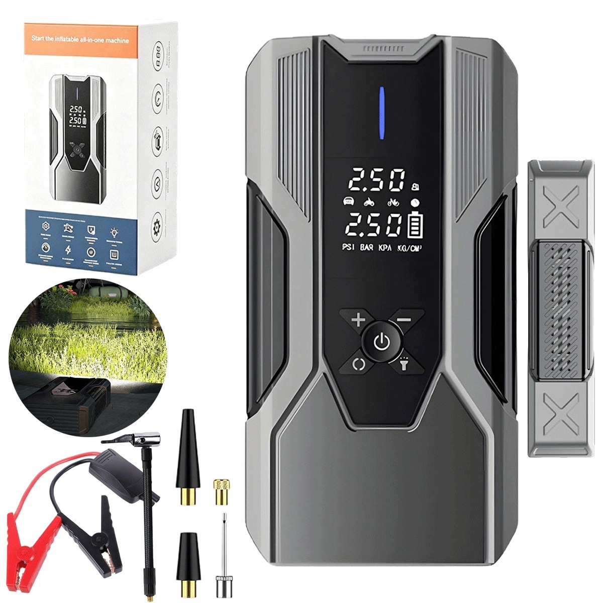 8000 mAh Startér s kompresorem vzduchu 150PSI a 4 koncovkami pro pneumatiky