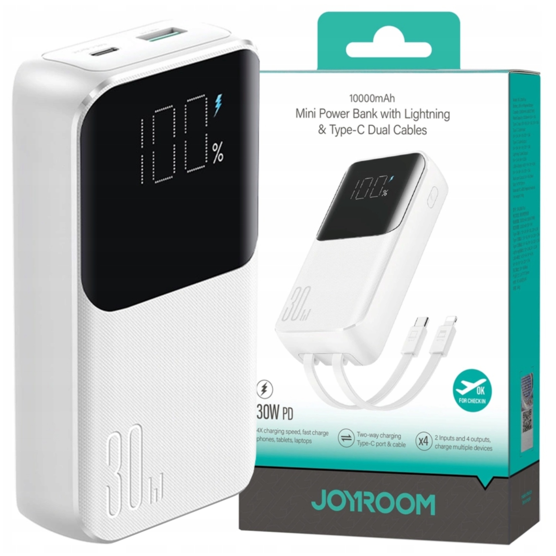 Joyroom Mini Powerbanka JR-PBC06 S Vestavěnými Kabely Pro Usb-c Pro Lightning