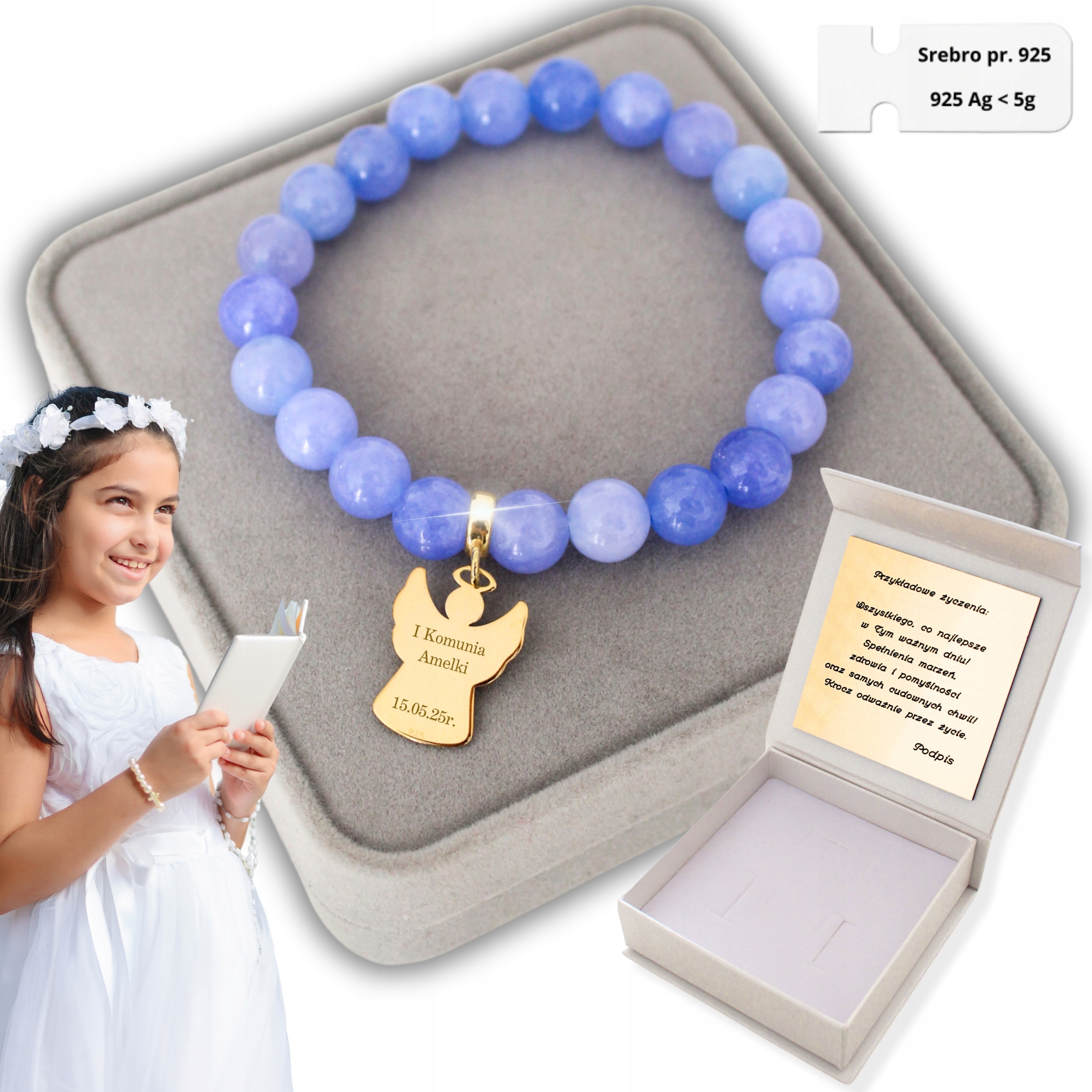 Zlatý náramek s andělem pro dívku Dárek k přijímání Gravírování 925