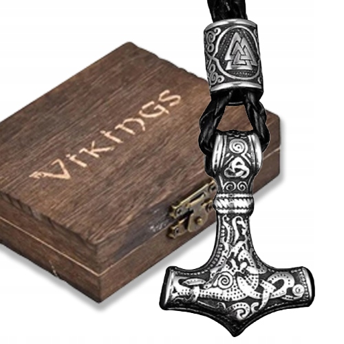 Naszyjnik Nordycki Młot Thora symbol Valknut + Rzemyk