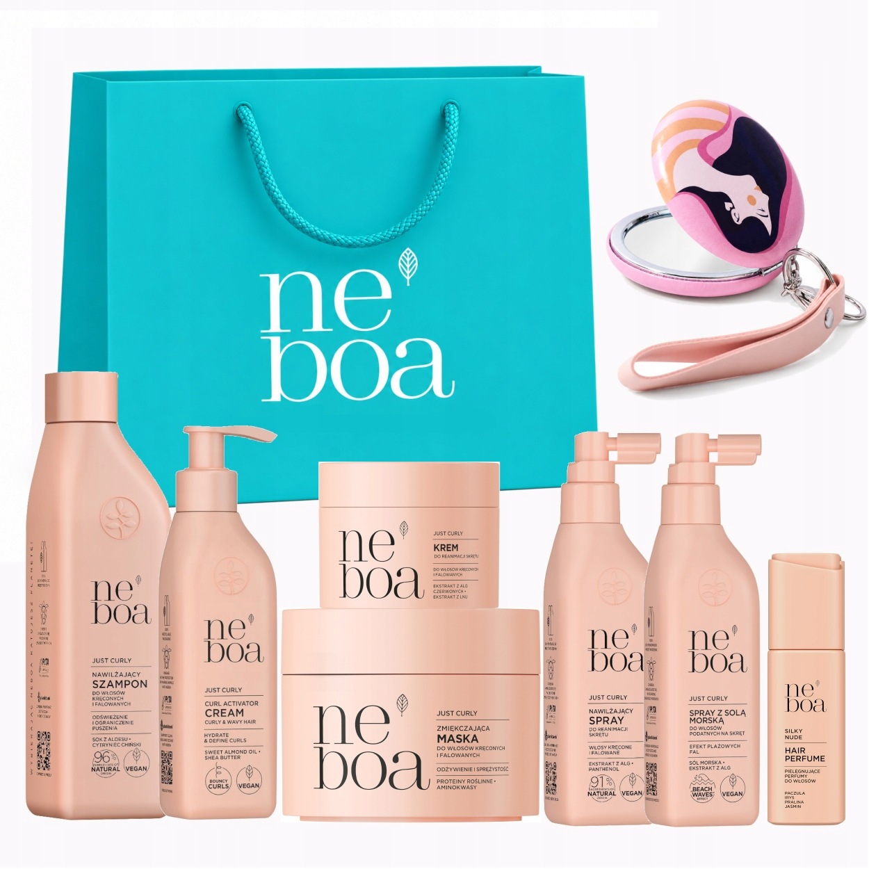 Neboa Zestaw do Włosów Kręconych Szampon Maska Perfumy Lusterko