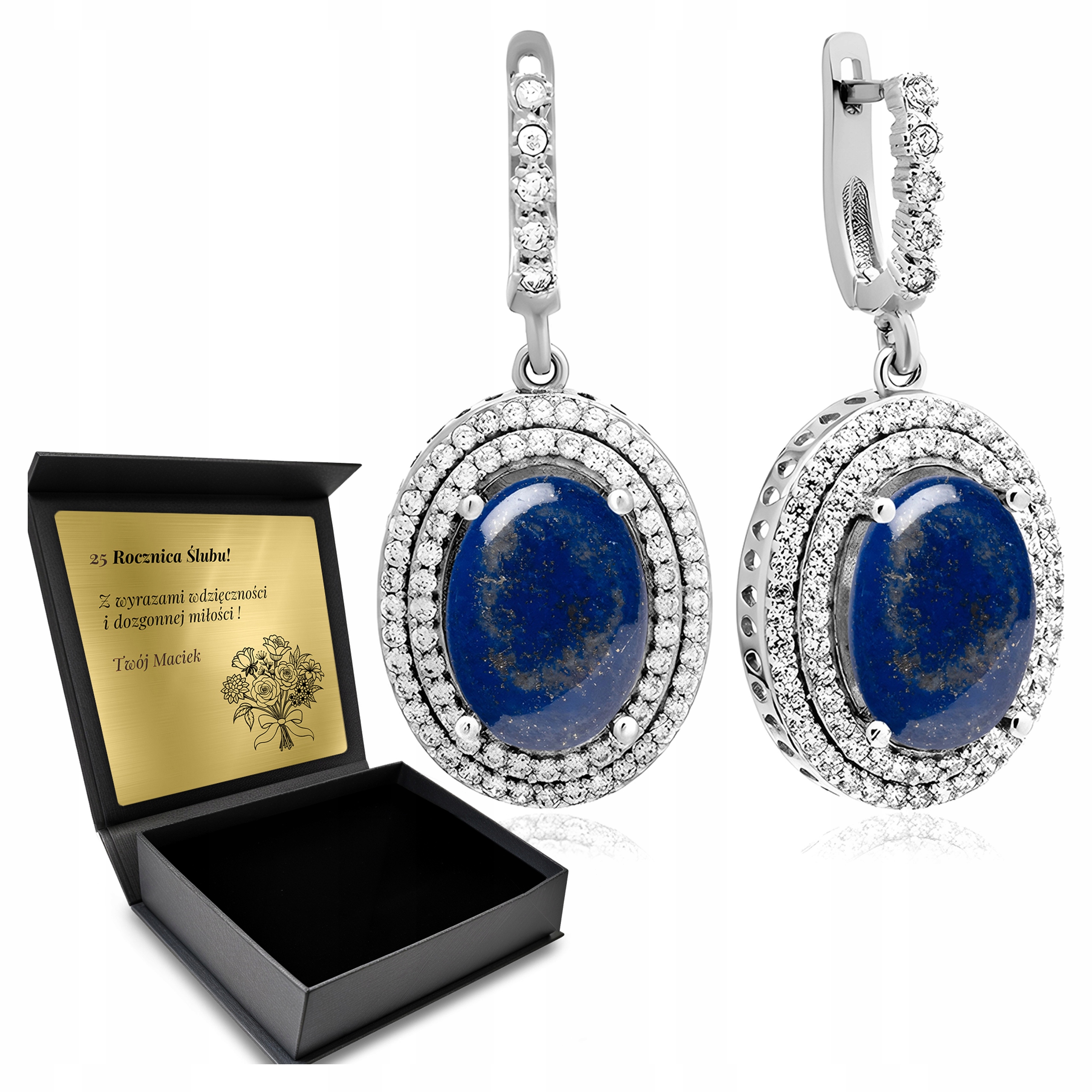 Stříbrné Náušnice 925 Zirkony Lapis Lazuli Dárek pro ženu Gravírování