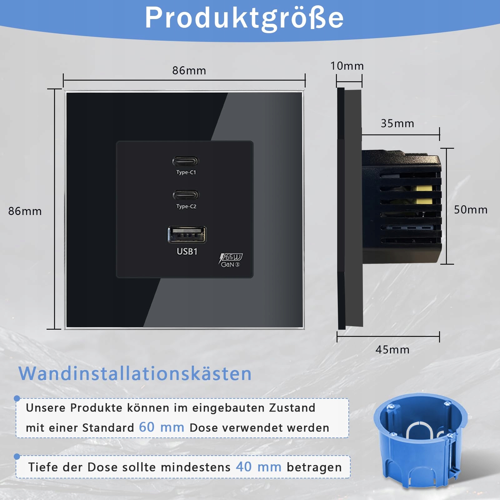 TAWOIA Gniazdko Schuko 65W USB C Szybkie Ładowanie Czarny Szklany Panel — miniatura 2
