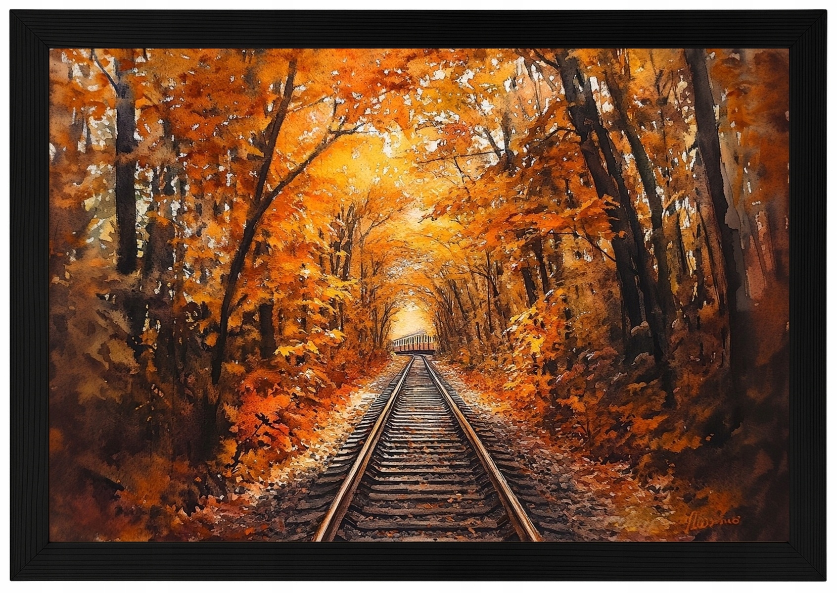 Plakát Rámeček Dřevo Krajina Les Stromy Koleje Podzimní Tunel 93x62