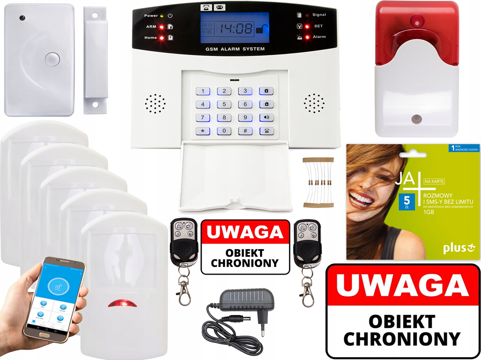 BEZPRZEWODOWY ALARM LCD GSM APP SYRENY POLSKI