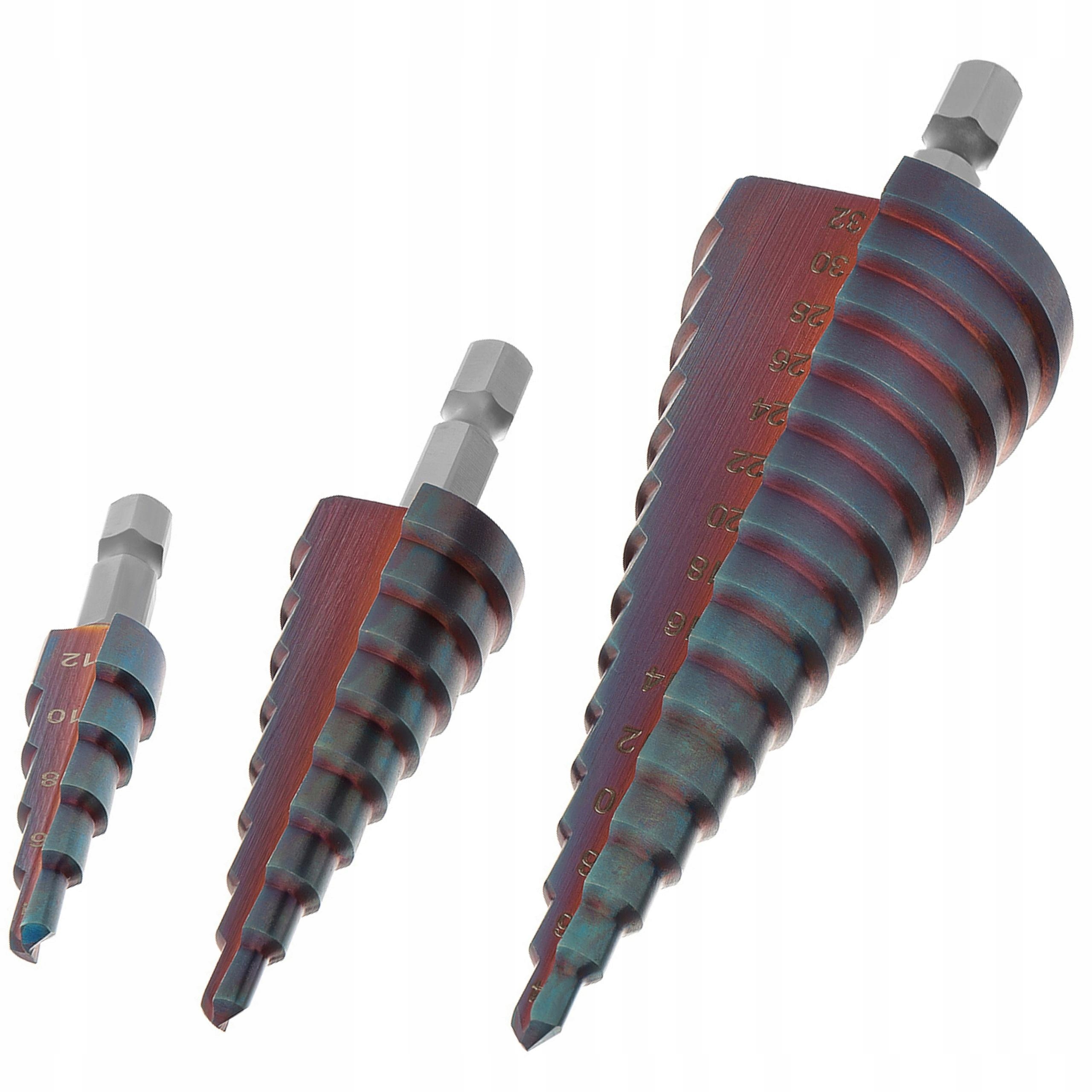 WIERTŁA STOPNIOWE KOBALTOWE STOŻKOWE DO METALU INOXA 4-32mm ZESTAW 3SZT M35 Marka RasTool