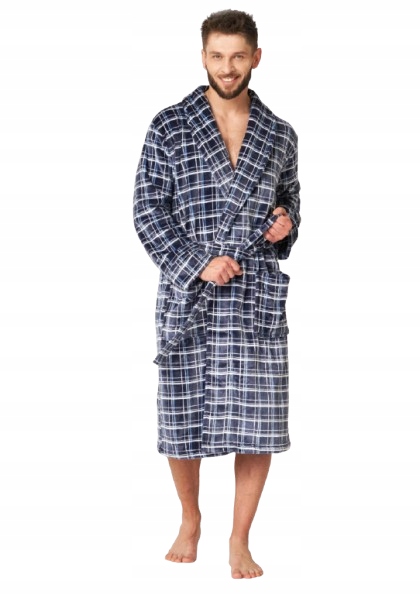 Pánský župan Key Mgl 432 dlouhý nadýchaný příjemný kostkovaný námořnická modrá M/L