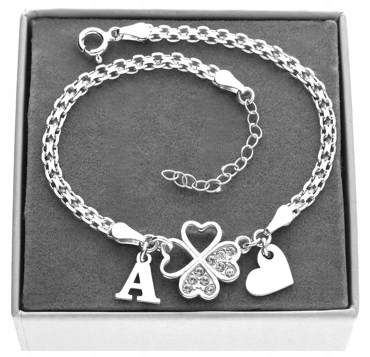 Stříbrný široký náramek čtyřlístek srdíčko libovolné písmenko Gravírování 925