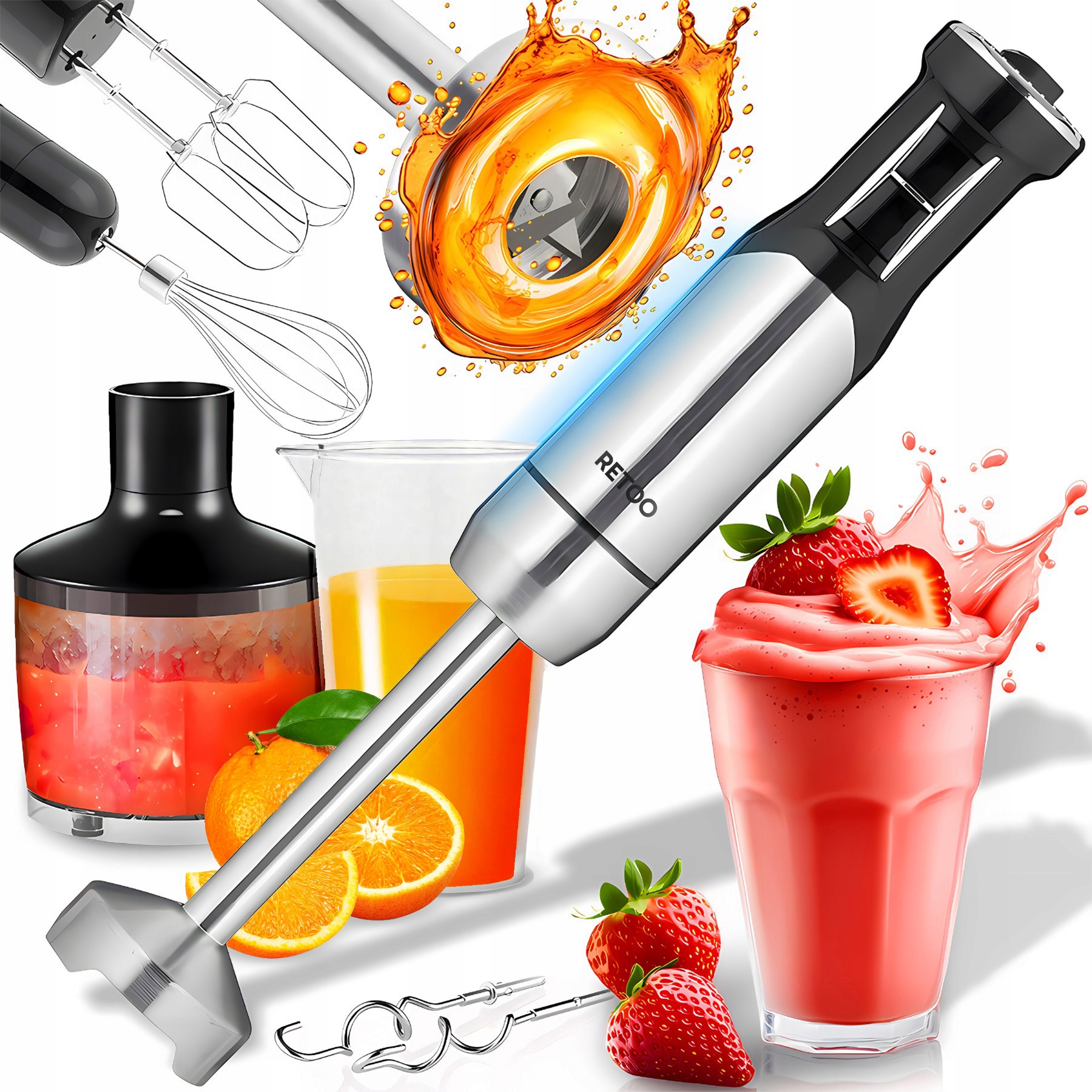 Ruční Mixér 1200 W, Víceúčelový Mixér, Drtič, Šlehací Metla, Nástavec