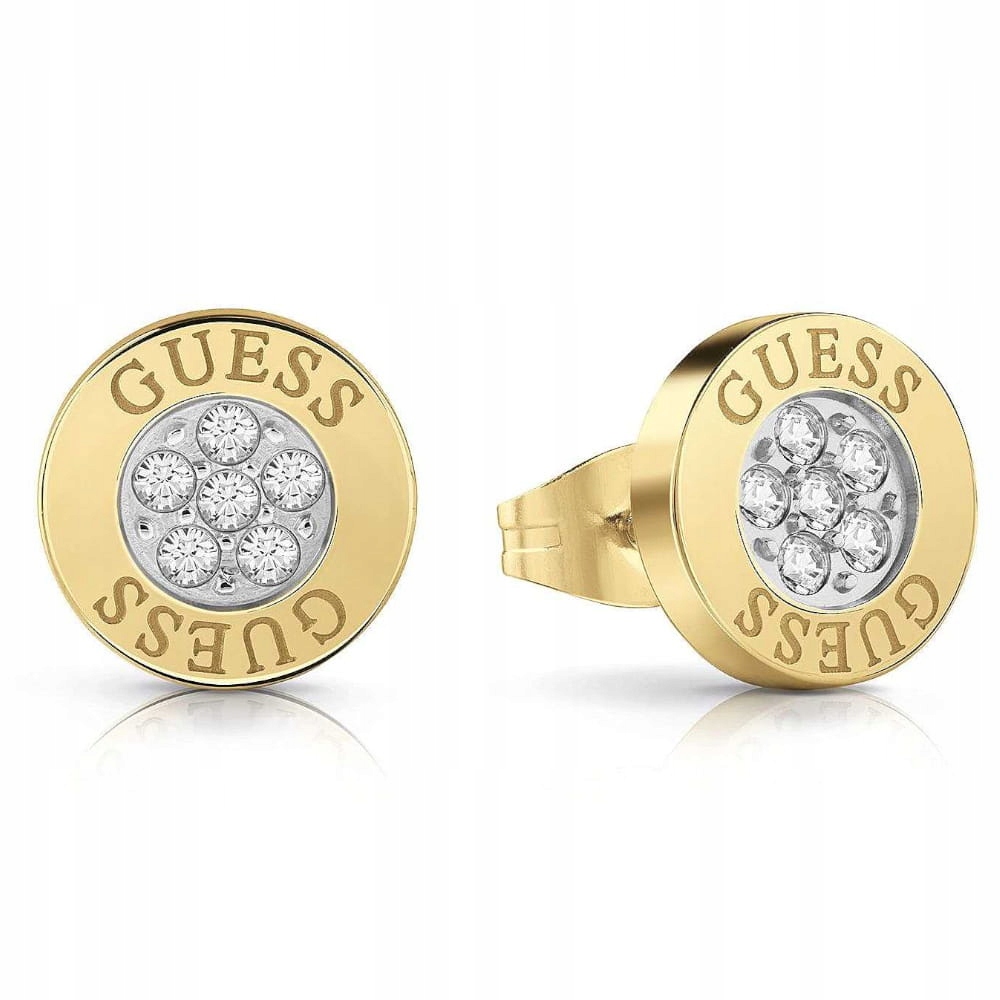 Náušnice Guess Studs Party Kulaté Zirkony logo ocel barva zlatá tyčinka