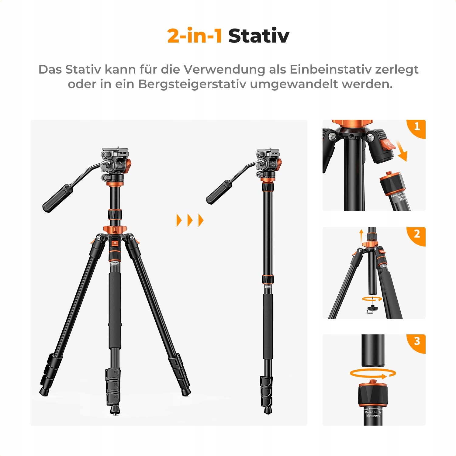 K&F CONCEPT Statyw Kamerowy 200cm Z Głowicą Fluidową I Monopodem — miniatura 7
