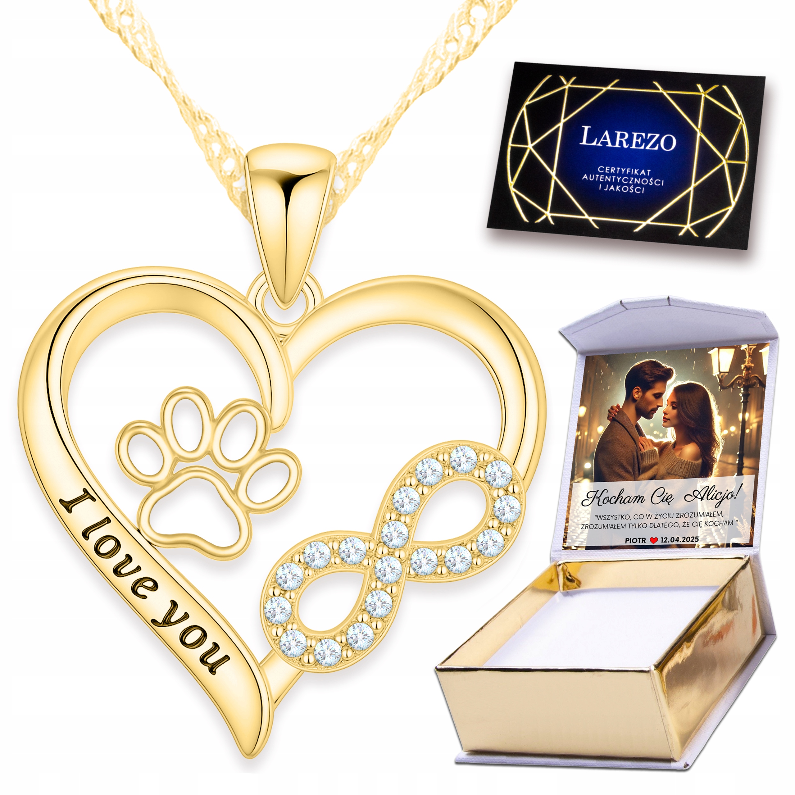 Zlatý náhrdelník 925 Nekonečno s krystaly Srdce Tlapka psa Potisk